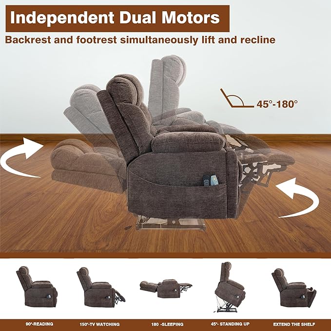 Oversized Lay Flat Power Lift Recliner Chair with Heat and Massage for Elderly, Infinite Position Heavy Duty Dual Motor Lift Chair 400 lbs with Cup Holder & Wireless Phone Charger