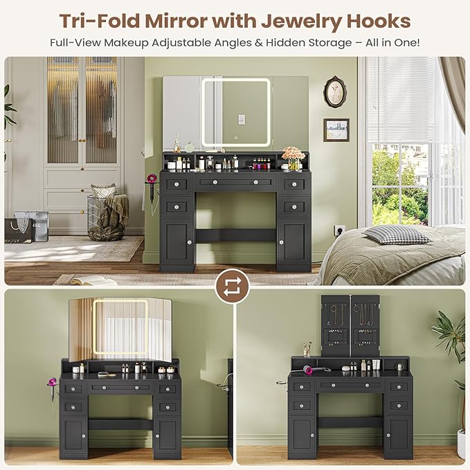 Vanity Desk with Mirror and LED Light, Large Makeup Vanity with Trifold Mirror and Charging Station, 5 Drawers for Storage, Black Modern Makeup Desk with Hidden Jewelry Hook for Bedroom, Women Girls
