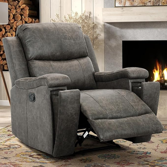CANMOV Leather Recliner Chair, Classic and Traditional Manual Recliner Chair with Overstuffed Arms and Back, Manual Single Sofa with Concealed Cup Holders,Grey