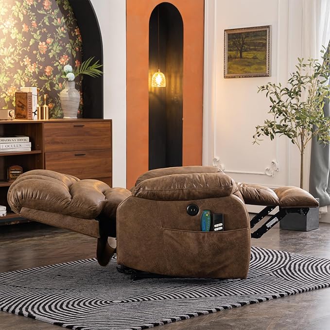 MEETWARM Large Infinite Position Dual Motor Recliner Chair for Big and Tall Elderly, Oversized Lay Flat Sleeper Power Lift Recliner with Massage Heat, 2 Remote Controls/USB Port/Side Pockets(Brown)