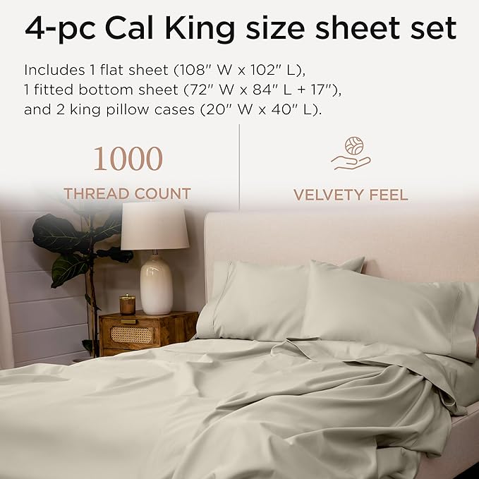 Threadmill California King Sheets, Certified American Supima Cotton Sheets, 1000 Thread Count Hotel Quality, 4 Piece Luxury Bed Sheets Set with Elasticized Extra Deep Pocket, Taupe
