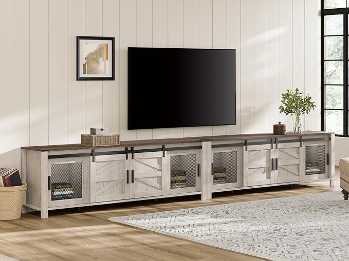 WAMPAT Farmhouse TV Stands for 100+ Inch TV, Wooden Entertainment Center with Mesh Barn Doors, Media Console with Storage Shelf for Living Room Bedroom, Rustic Oak and White
