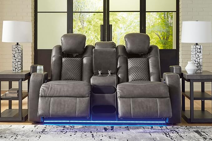 Signature Design by Ashley Fyne-Dyme Contemporary Power Reclining Loveseat with Console, USB Charging Ports and Adjustable Headrest, Gray
