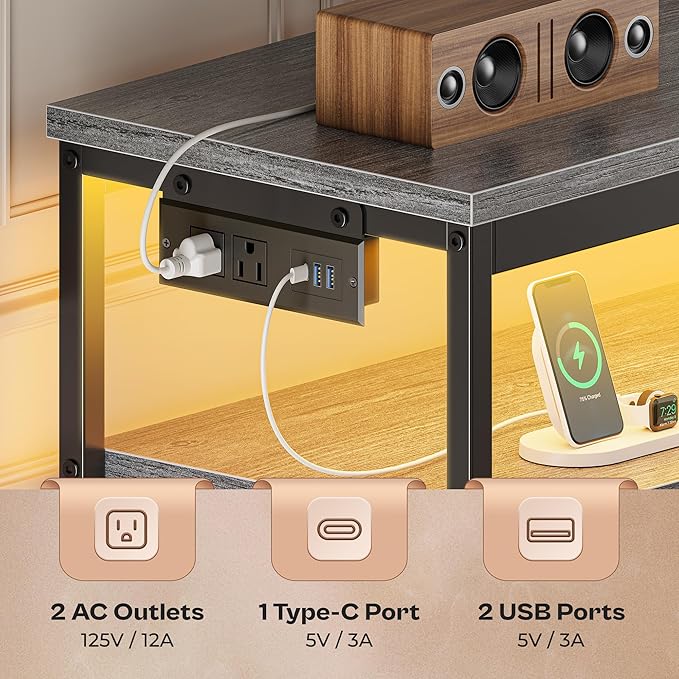 Huuger LED TV Stand for Bedroom, 47 Inch Dresser TV Stand for 43, 50, 55 Inch TV, Grey Black TV Stand with Storage, Entertainment Center with Power Outlets, 6 Drawer Fabric Dresser for Living Room