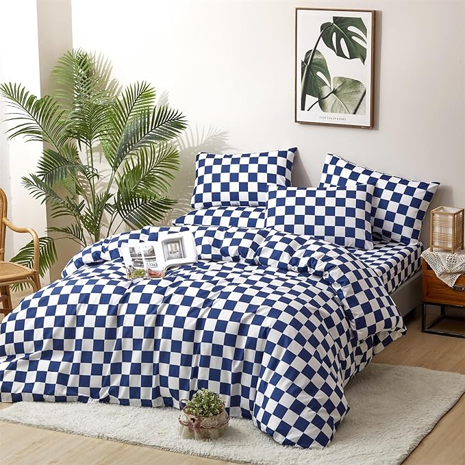 CLOTHKNOW Blue White Plaid Queen Comforter Set 3Pcs Grid Bedding Comforter Sets Checkerboard Comforter Royal Blue White Queen Size Comforter with 2 Pillowcases
