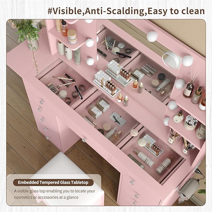 Vanity Desk with Power Outlet, Makeup Table with Mirror and 12 LED Lights, 3 Color Lighting Modes, 11 Drawers Makeup Vanity with 4 Shelves, Fold-up Panel, Vanity Set for Bedroom, Pink