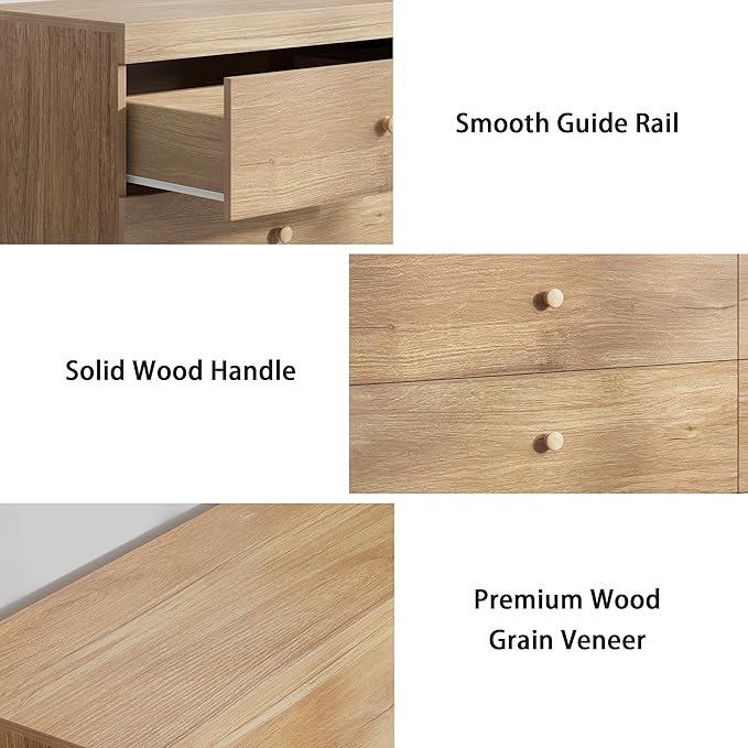 Dresser for Bedroom 6 Drawer Wood Dresser 58.3" Wide, Large Chest of Drawers for Bedroom, Living Room, Hallway, Entryway, Modern TV Stand Drawer Organizer, Light Oak