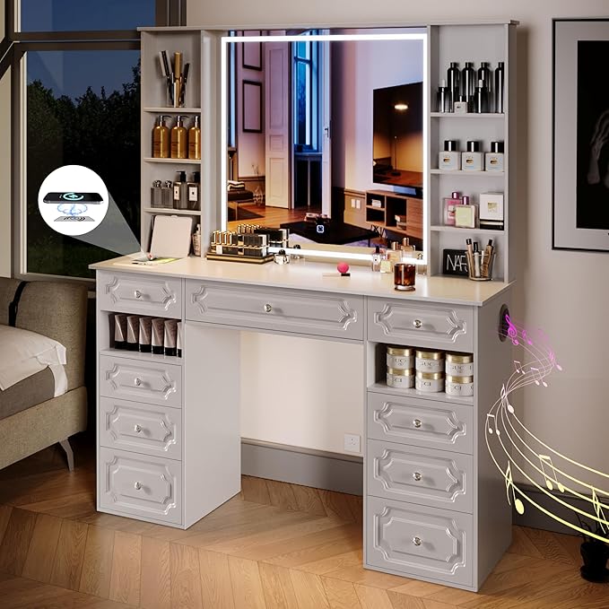 Extra Large Vanity Desk with Mirror and Lights, White Vanity with Bluetooth Speaker, Wireless Charging and Mask Cooler, Multifunctional Makeup Vanity with 9 Drawers for Women (European Style)
