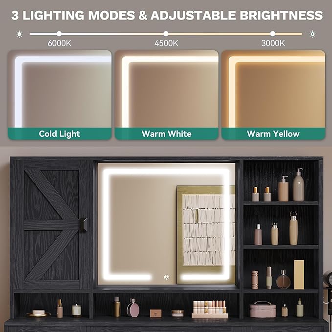 YITAHOME 48'' Farmhouse Makeup Vanity Desk with Mirror and Lights, 68'' 360° Rotation Big Modern Lighted Vanity Table with 6 Drawers & Lots Shelves, Rustic Large Dressing Table, Antique Black