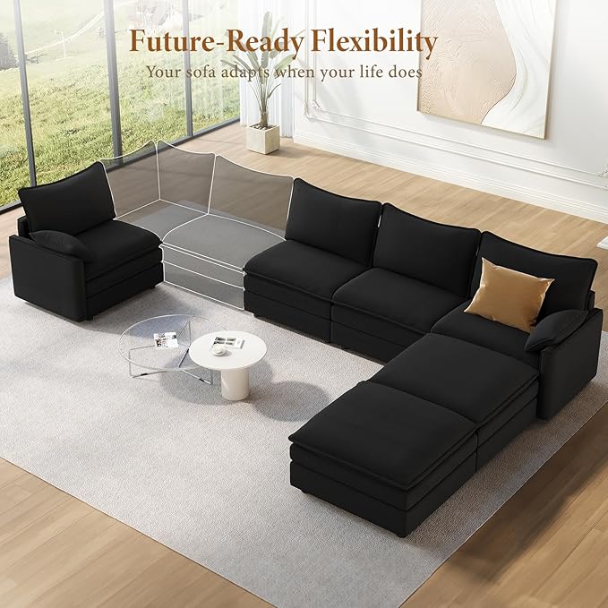 Vesgantti 142" U Shaped Sectional Couch, Comfy Cloud Modular Sectional Sofa with 2 Ottoman Deep Seat Chenille Modern Cloud Sofa, Modular Sofas for Living Room, Bedroom and Apartment, Black