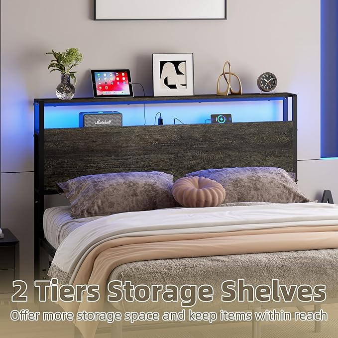 Full Sized Headboard with 2 Tiers Storage Shelves, Sturdy and Stable Headboard with Charging Station, USB Ports and LED Light for Full Bed Frame, Black Oak