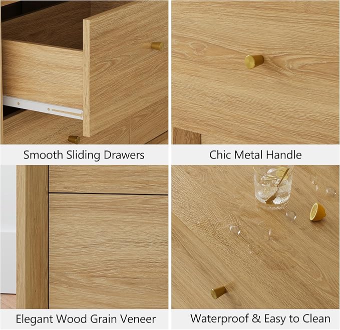 9 Drawer Dresser, Mid Century Modern Dresser with Storage, 55" Wide Chest of Drawers with Wood Grain Texture, Drawers Organizer for Bedroom, Living Room, Hallway, Gold Oak