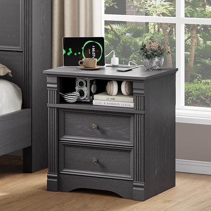Grey Nightstand Set of 2 with Charging Station, Farmhouse End Table with 2 Drawers and Open Shelf, Wooden Bedside Table with Metal Handles, Vintage Design, Organizer for Bedroom, Hallway