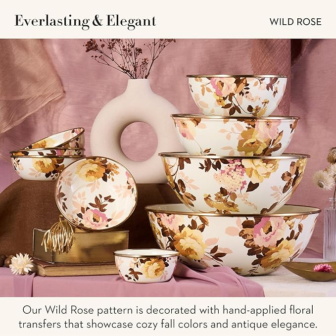 MACKENZIE-CHILDS Enamel Pinch Bowl, Small Bowl for Cooking Ingredients, 1.5-Cup Capacity, Wild Rose White