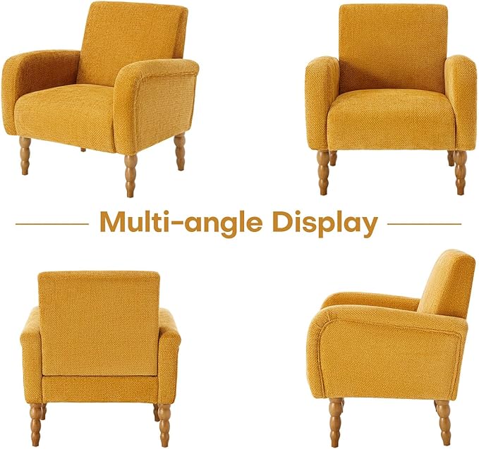 Accent Armchair Set of 1, Mid-Century Modern Living Room Chairs with Gourd-Like Shape Wooden Legs, Chenille Upholstered Single Sofa Reading Chair for Living Room Bedroom Guest Room,Yellow