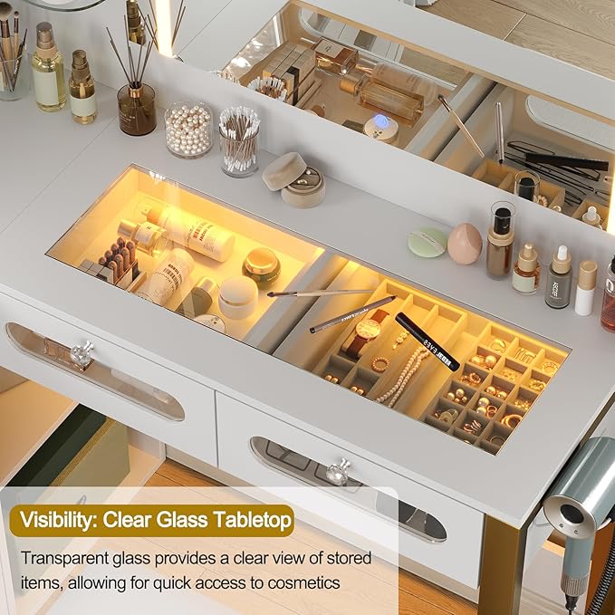 Vanity Desk with Mirror and Lights, 43" Big Modern Vanity Desk, Transparent Top Vanity with 2 RGB Drawers, with Power Outlet & Stool, Modern Ample Storage Dressing Table, White