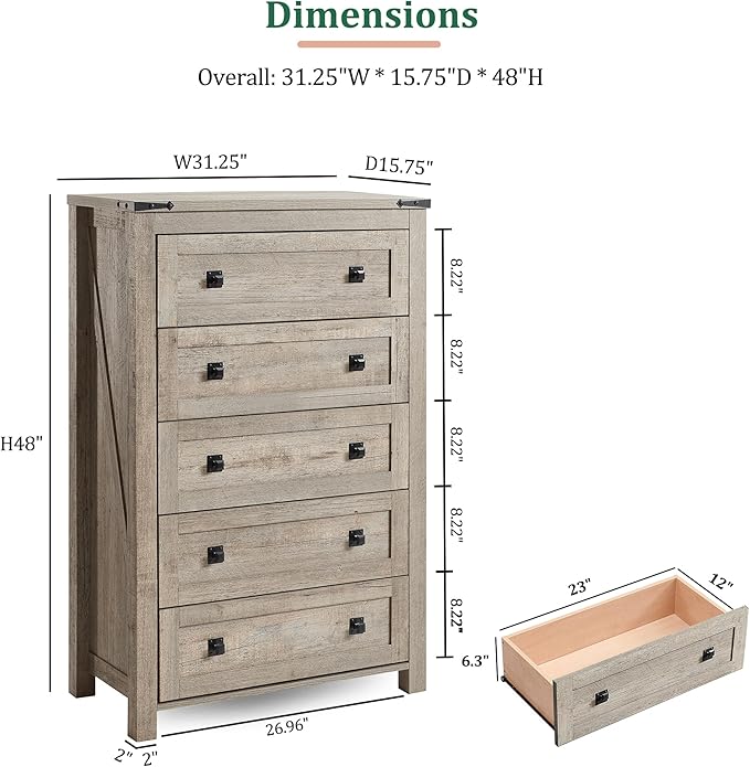 RedLemon Farmhouse 5 Drawer Dresser, 48" Tall Rustic Chest of Drawers, Wood Dresser for Bedroom, Living Room, Hallway, Light Rustic Oak