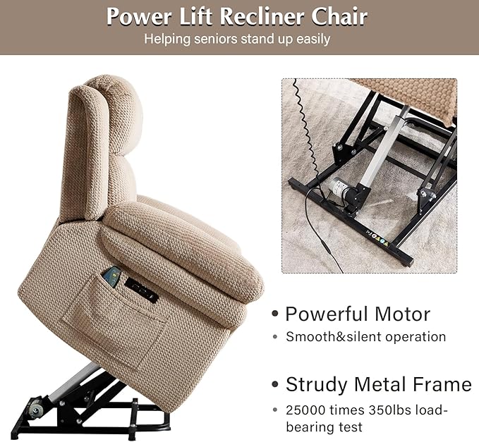 Phoenix Home Oversize Power Lift Recliner Chair with Heat & Massage for Elderly, Extra Large Electric Chair for Adult, Recliners for Living Room,2 Side Pockets, USB and Type-C Port, Light Brown