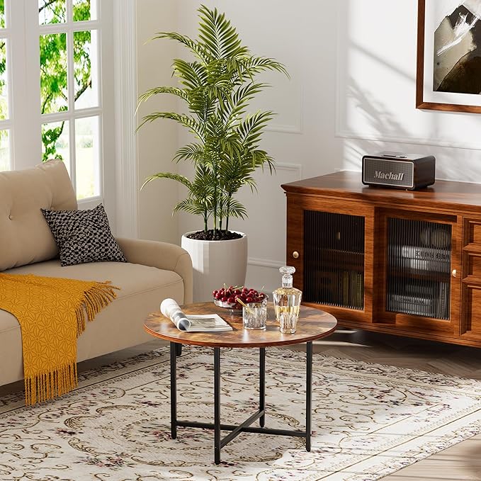 Round Coffee Table, Small Coffee Tables for Living Room, Wood Coffee Table with Metal Frame, Floor Table Desk for Sitting on The Floor, Home, Office, Farmhouse, Rustic Brown (23.6"D x 17.7"H)