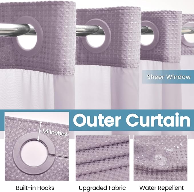 Lavender No Hook Shower Curtain with Snap in Liner,230GSM Waffle Weave Shower Curtains for Bathroom,71W x 74H