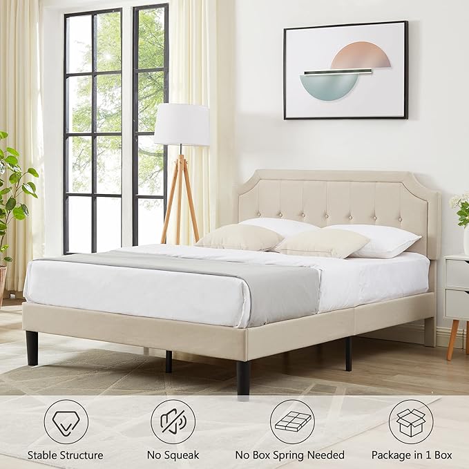 VECELO Full Size Platform Bed Frame with Fabric Upholstered Headboard and Wooden Slats Support, No Box Spring Needed/Easy Assembly,Beige