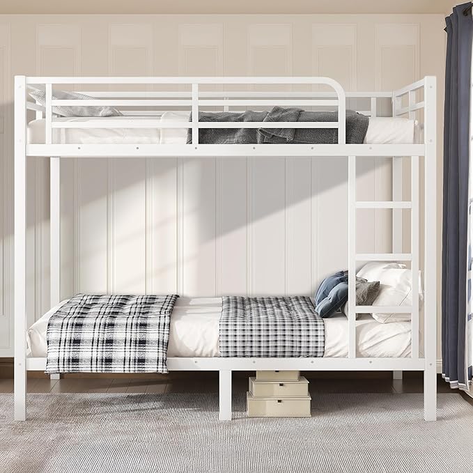Full Over Full Bunk Bed Frame, Heavy Duty Metal Loft Bed for Adults/Teens, 350/500LB Capacity w/Ladder & Guardrail, Noise-Free Steel Slats, No Box Spring Required, White