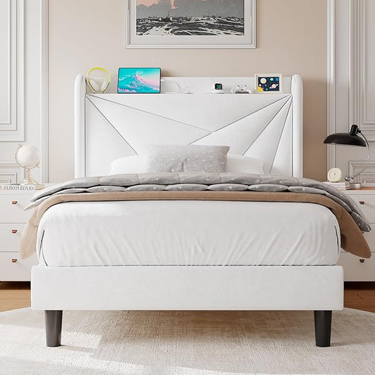 Twin Size Upholstered Bed Frame with Charging Station, Platform Bed Frame with Storage Headboard, Solid Wood Slats Support, No Box Spring Needed, White