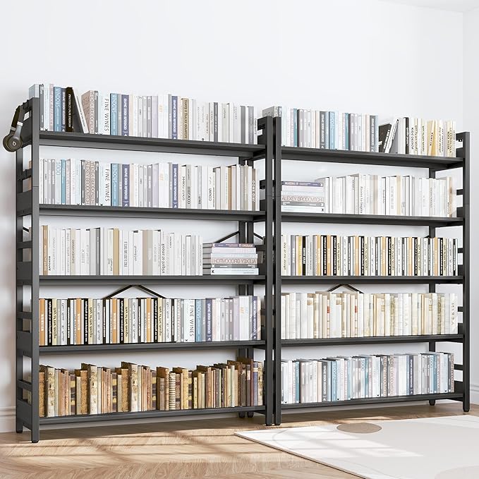 HCHQHS 5 Tier Bookshelf, Adjustable Industrial Bookcase, Vertical Tall Book Shelf, Wood and Black Metal Open Bookshelves for Home Office, Living Room, Bedroom