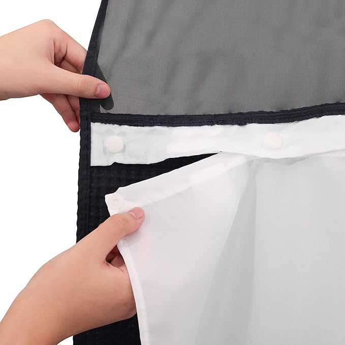 River Dream Black Fabric Shower Curtain Set, Cotton Blend, Waffle Weave, with Snap in Replacement Liner，71 x 74 inches