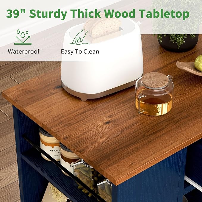 4 EVER WINNER Kitchen Island Cart with Storage, Island Table for Kitchen with Spice Rack & Towel Rack, Cabinet & Drawer, Rolling Microwave Cart with Open Shelves, Blue