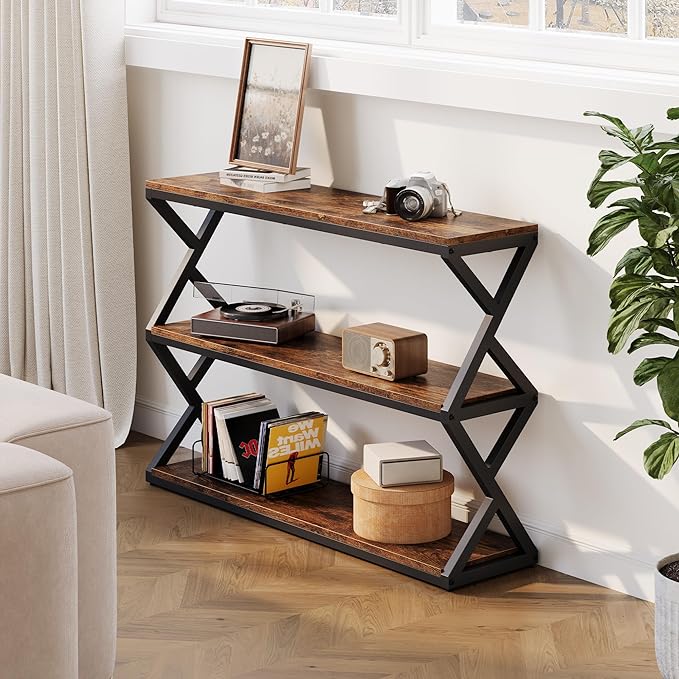 47.2 Inch Rustic Console Table, Industrial Entryway Table with 3-Tier Shelves - Long Hallway Sofa Table, TV Stand & Media Center for Living Room, Vintage Brown