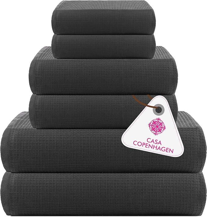 CASA COPENHAGEN Waffle Terry Towel 6Pcs Set, Cotton Extra Large Luxurious- Pine Grey, 2Bath Sheets XL- 35 x 70 Inch, 2Large Hand Towels- 20 x 31Inch, 2Large Washcloths- 16 x 16 Inch