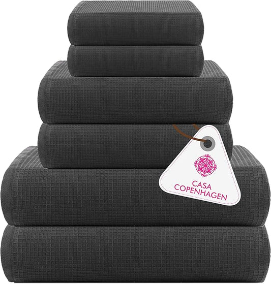 CASA COPENHAGEN Waffle Terry Towel 6Pcs Set, Cotton Extra Large Luxurious- Pine Grey, 2Bath Sheets XL- 35 x 70 Inch, 2Large Hand Towels- 20 x 31Inch, 2Large Washcloths- 16 x 16 Inch