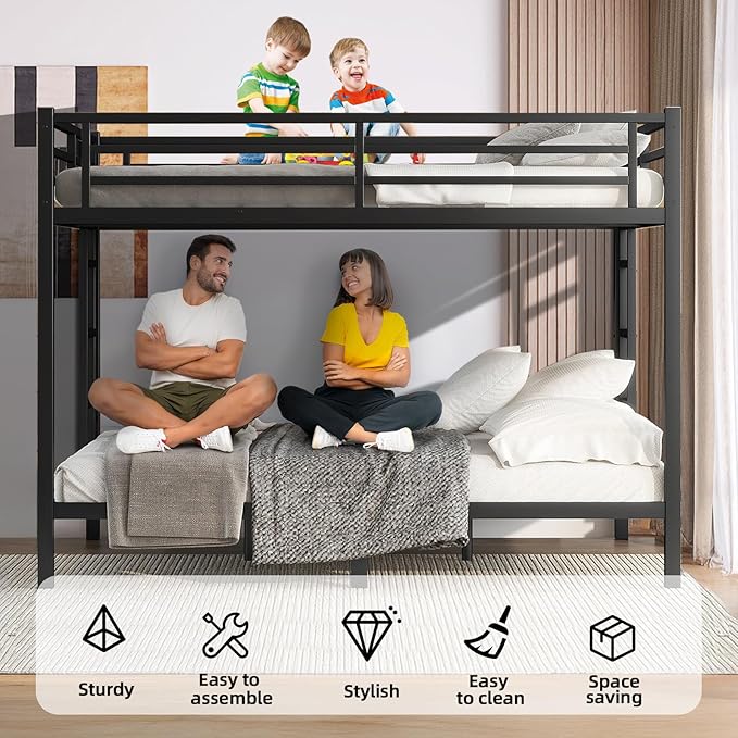 Queen Over Queen Bunk Bed Frame, Heavy Duty Metal Loft Bed for Adults/Teens, 400/600LB Capacity w/Ladder & Guardrail, Noise-Free Steel Slats, No Box Spring Required, Black