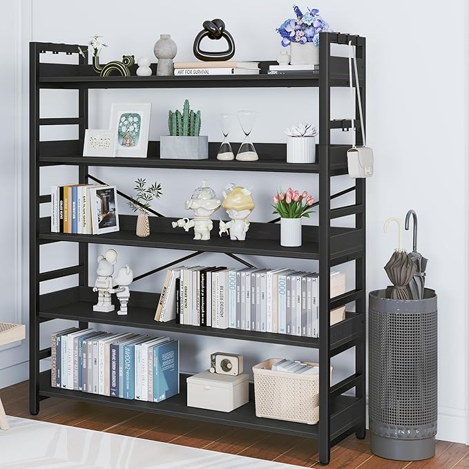 HCHQHS 5 Tier Bookshelf, Adjustable Industrial Bookcase, Vertical Tall Book Shelf, Wood and Black Metal Open Bookshelves for Home Office, Living Room, Bedroom