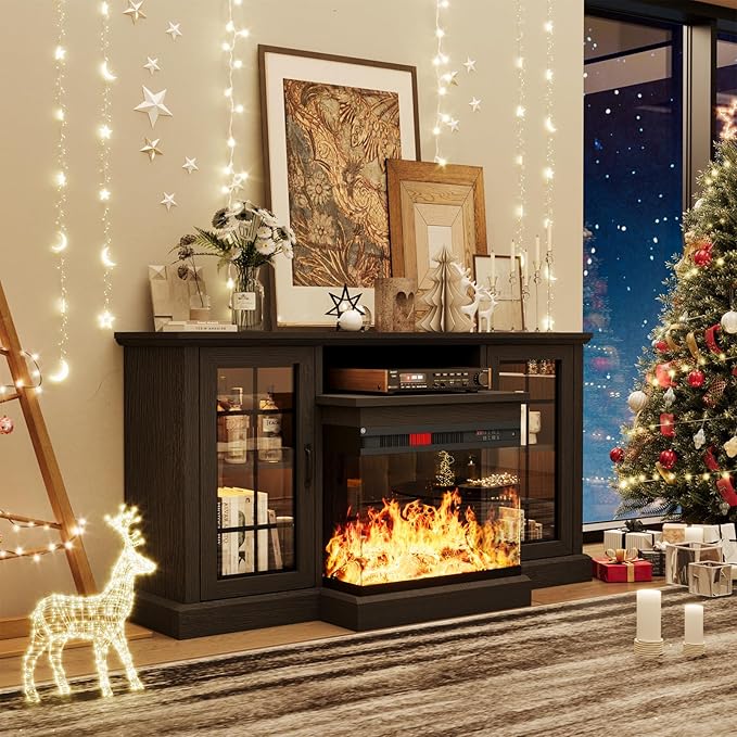 oneinmil Fireplace TV Stand with 3-Sided Glass, TV Cabinet for TVs up to 65", 59'' Modern Media Entertainment Center with Farmhouse Glass Door Storage Cabinets, for Living Room, Black