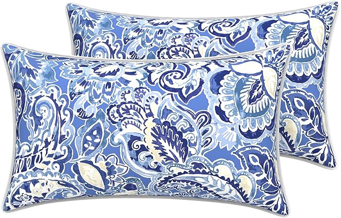LVTXIII Outdoor Lumbar Pillow Covers 12"x20", Covers ONLY, 2 Pack 30x50cm Lumbar Cushion Cover with White Piping for Home Patio Garden Sofa Bench, Floral Bluish Violet