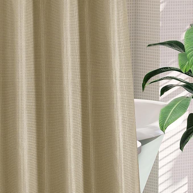 MitoVilla No Hooks Needed Beige Waffle Shower Curtain with Snap-in Liner, Modern Waffle Weave Heavy Duty Fabric Cloth Shower Curtain for Luxury Neutral Hotel Spa Bathroom Decor, 72 x 74, Beige/Khaki