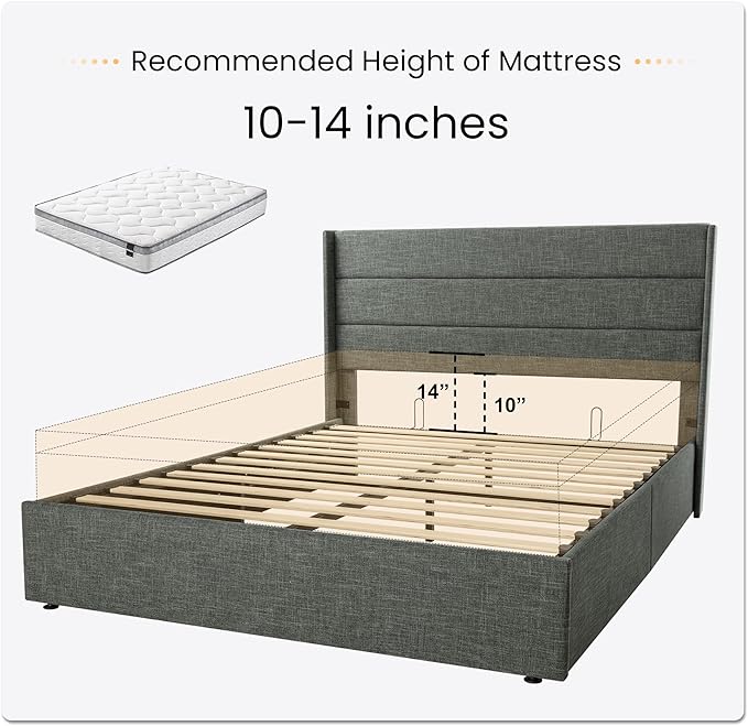 SHA CERLIN Queen Size Lift Up Storage Bed/Modern Wingback Headboard/Upholstered Platform Bed Frame/Hydraulic Storage/No Box Spring Needed/Wood Slats Support/Dark Grey