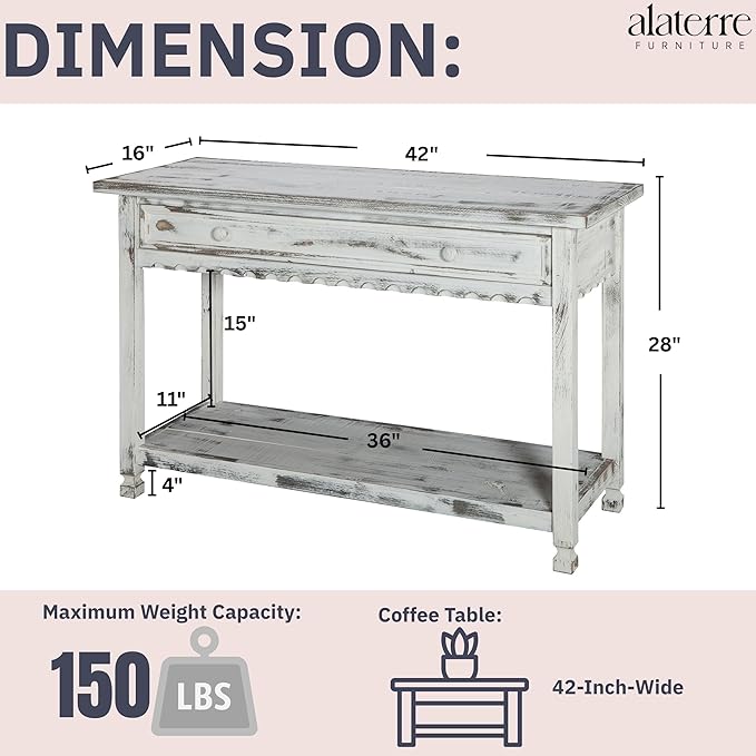 Alaterre Furniture Rustic Country Cottage Console Table with 1 Drawer & 1 Shelf, Distressed Finish - Perfect for Living Room, Entryway, Hallway