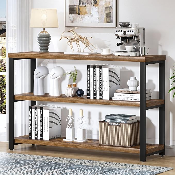 EXCEFUR Industrial Sofa Console Table, Entryway Table with 3 Tier Wood Storage Shelves, Foyer Table for Living Room Hallway Behind Couch, Rustic Brown