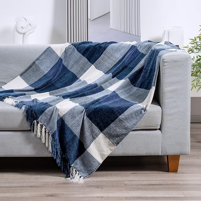 RECYCO Buffalo Paid Chenille Throw Blanket for Couch, Soft Cozy Decorative Buffalo Check Blanket Throw with Tassels for Bed Sofa, Lightweight Chenille Knitted Throw, Plaid Navy Off White, 50'' x 60''