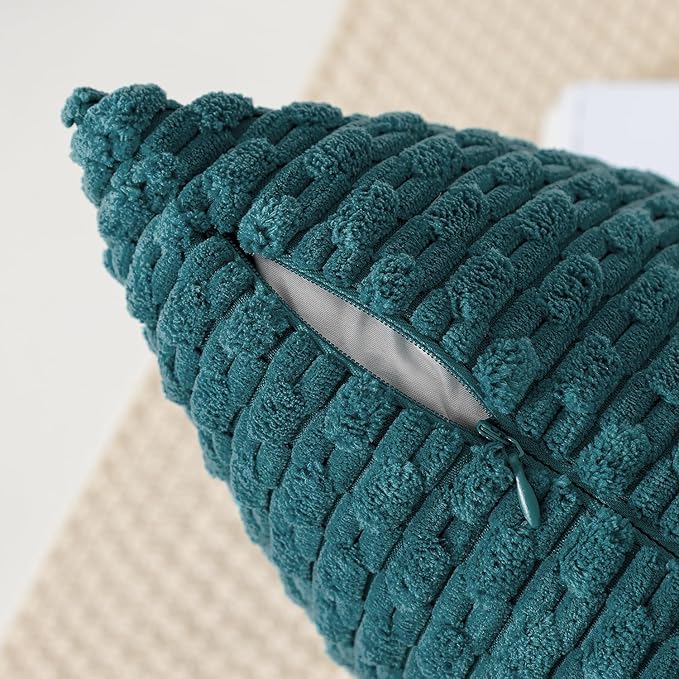 Kevin Textile Throw Pillow Covers Soft Corduroy Decorative Set of 2 Boho Striped Pillow Covers Pillowcases Farmhouse Home Decor for Couch Bed Sofa Living Room 12x20 Inch Teal Blue