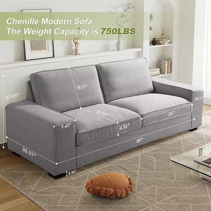 EASELAND 89" Modern Sofa Couch for Living Room, Chenille Sofa Couch with Wide Armrest,3 Seater Deep Seats Sofa Couch with Removable Cover Easy to Install(Grey)