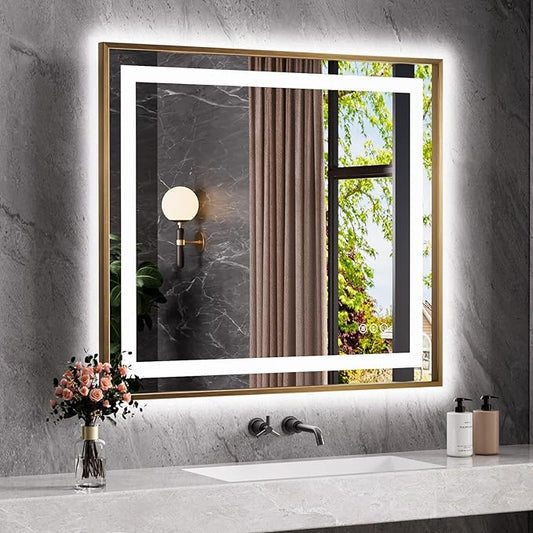 Amorho 40"X36" LED Bathroom Mirror Gold, Metal Framed Mirror with Front Light and Backlit, Stepless Dimmable, Anti-Fog, Shatter-Proof, Memory, 3 Colors