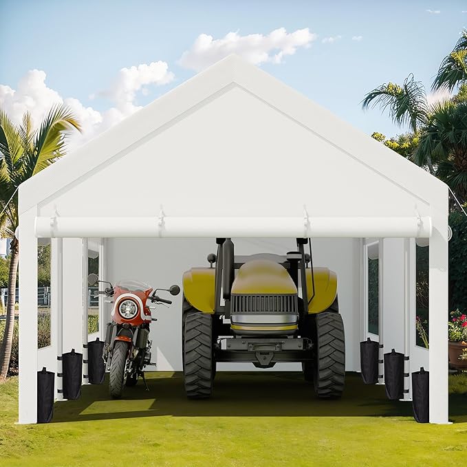 JY QAQA Carport, 12x20 FT Heavy Duty Carport Reinforced Steel Poles with Removable Sidewalls & Doors,Roll-up Windows Car Canopy with Sandbags and All-Season Tarp for Car Boat Truck Motorcycle