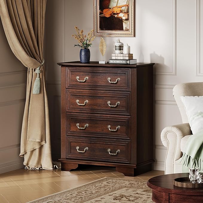 WLIVE Farmhouse Dresser for Bedroom, Tall Wood Dresser with 4 Drawers, Chest of Drawers with Roman Metal Handle for Living Room, Hallway, Closet, Rustic Brown
