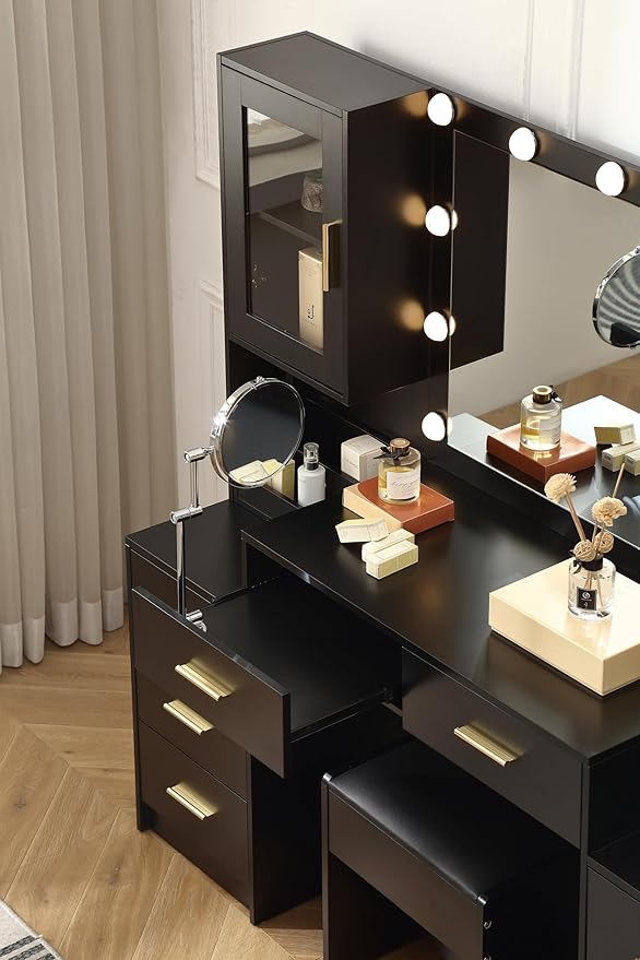 Extra Large Vanity with Folding Up Mirror and Lights,58.3'' Makeup Vanity Desk with Mirror and Lights,Outlet, Chair and Two Makeup Organizers,Dressing Table for Bedroom,Black