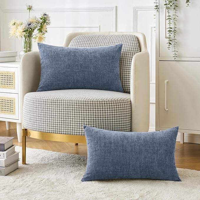 MIULEE Pack of 2 Couch Throw Pillow Covers 12x20 Inch Soft Dark Grey Blue Chenille Pillow Covers for Sofa Living Room Solid Dyed Pillow Cases
