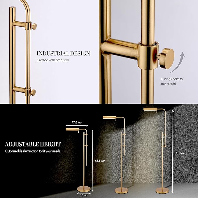 O'Bright Cedric Adjustable Pharmacy Floor Lamp - Industrial Design for Reading, Crafting, Work - 10W LED, Height 45-61 inches - Ideal for Living Room, Bedside, Office - Antique Brass (Gold)